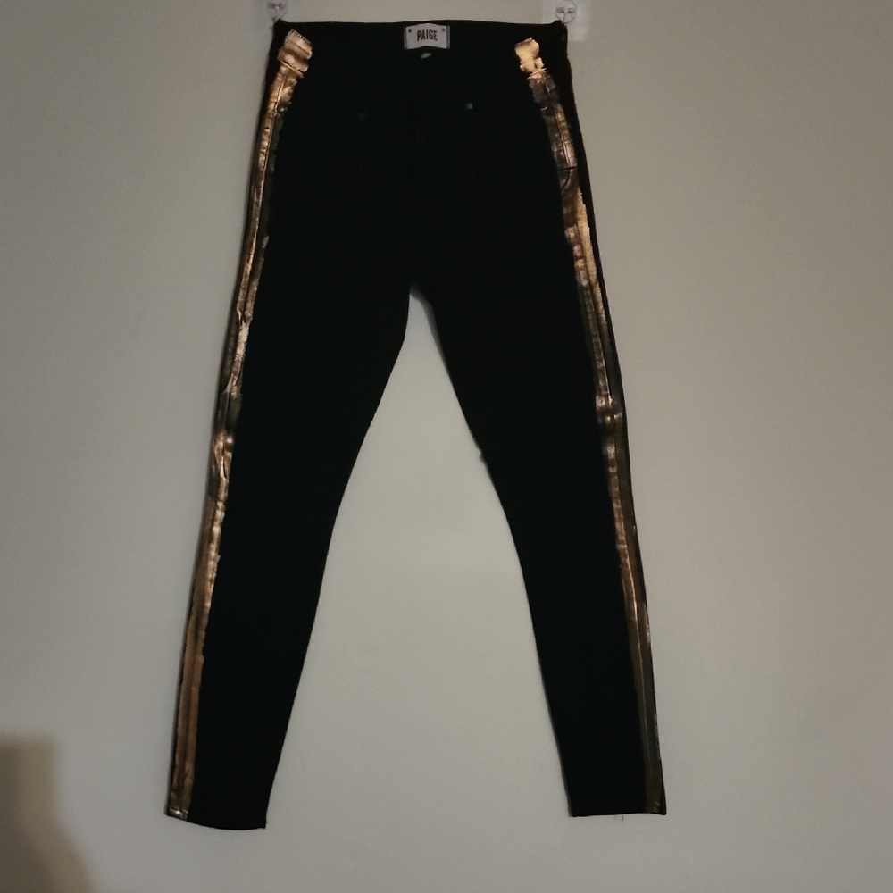 PAIGE Black Jeans with Gold Foil Side Trim